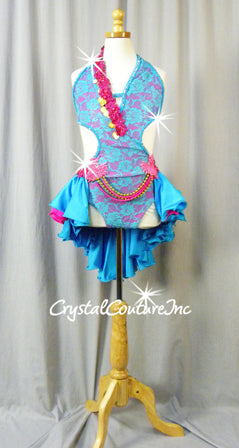 Teal Blue Lace/Fuchsia Open-Back Leotard with Tiered Skirt - Swarovski Rhinestones