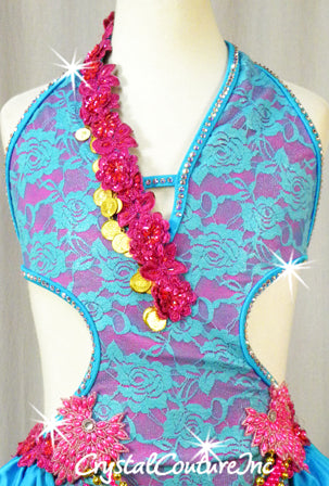 Teal Blue Lace/Fuchsia Open-Back Leotard with Tiered Skirt - Swarovski Rhinestones