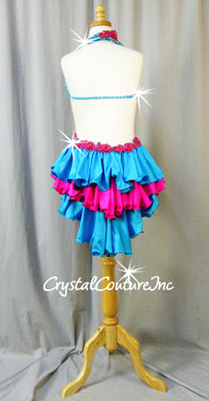 Teal Blue Lace/Fuchsia Open-Back Leotard with Tiered Skirt - Swarovski Rhinestones