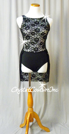 Black Floral Lace Leotard with White Lining/Attached Half-Skirt - Swarovski Rhinestones