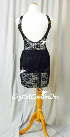 Black Floral Lace Leotard with White Lining/Attached Half-Skirt - Swarovski Rhinestones