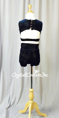Navy Blue Patterned Velour 2 Pc Crop Top and Booty Shorts