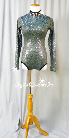 Charcoal Gray Zsa Zsa Long Sleeve Leotard with Black Trim- Swarovski Rhinestones
