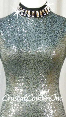 Charcoal Gray Zsa Zsa Long Sleeve Leotard with Black Trim-  Swarovski Rhinestones