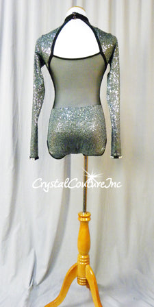 Charcoal Gray Zsa Zsa Long Sleeve Leotard with Black Trim- Swarovski Rhinestones