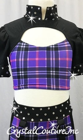 Black and Purple Plaid Two-Piece Cropped Top with Half-Sleeves and Trunks