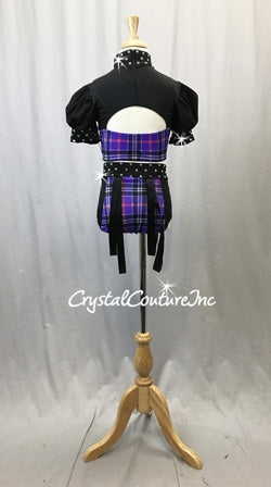 Black and Purple Plaid Two-Piece Cropped Top with Half-Sleeves and Trunks