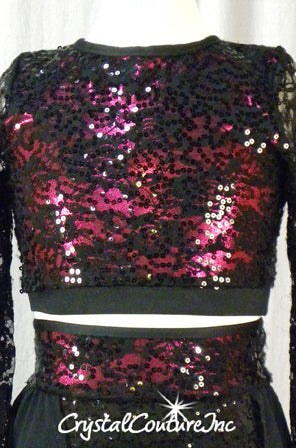 Black Sequin Lace with Shimmery Burgundy Crop Top and Trunk/Chiffon Skirt
