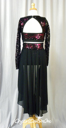 Black Sequin Lace with Shimmery Burgundy Crop Top and Trunk/Chiffon Skirt