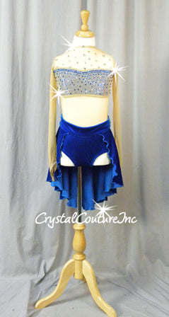 Royal Blue Velour and Nude Sheer Mesh Leotard with Back Skirt - Swarovski Rhinestones
