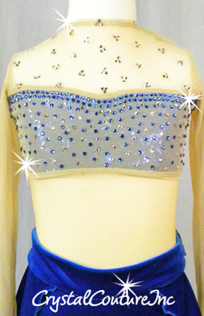 Royal Blue Velour and Nude Sheer Mesh Leotard with Back Skirt - Swarovski Rhinestones
