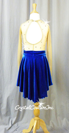 Royal Blue Velour and Nude Sheer Mesh Leotard with Back Skirt - Swarovski Rhinestones