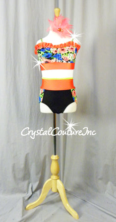 Vibrant Print with Orange Accents 3 Pc Top, Trunk/Ruffles and Skirt - Rhinestone