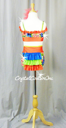 Vibrant Print with Orange Accents 3 Pc Top, Trunk/Ruffles and Skirt - Rhinestone