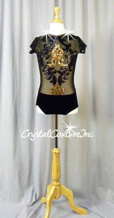 Black Velour and Sheer Mesh Leotard with Gold/Black Sequin Design - Rhinestones