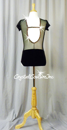 Black Velour and Sheer Mesh Leotard with Gold/Black Sequin Design - Rhinestones