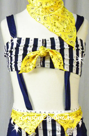 Navy Blue and White Stripe Connected 2 Piece Top & Brief with Yellow Bandanas - Rhinestones