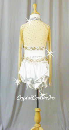 White Velour/Lycra Top & Trunk/Skirt with Nude Mesh - Swarovski Rhinestones