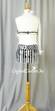 Black/White Lycra Pring Bra-Top and Briefs/Fringe Skirt - Rhinestones