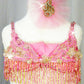 Shimmery Pink with Gold 2Pc Bra-Top and Briefs/Fringe Skirt - Swarovski Rhinestones