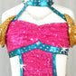Pink, Gold, and Teal Blue Connected 2Pc Top and Booty Short. Back Bow - Swarovski Rhinestones
