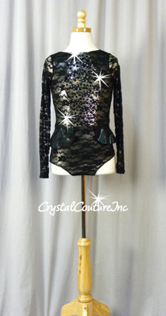 Black Long-Sleeved Lace Leotard with Silver Lining and Peplum Skirt - Swarovski Rhinestones
