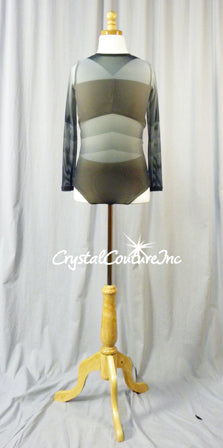 Gray Sheer Mesh Gradient Stripe Long-Sleeve Leotard