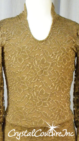 Mocha Brown Long-Sleeved Floral Lace Leotard with Open Back
