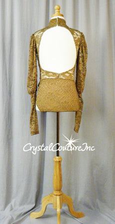 Mocha Brown Long-Sleeved Floral Lace Leotard with Open Back