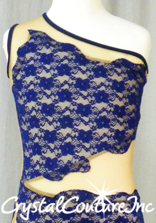 Navy Blue Floral Lace and Nude Mesh Asymmetrical Leotard