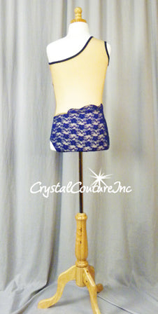 Navy Blue Floral Lace and Nude Mesh Asymmetrical Leotard