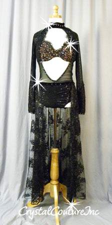 Black Connected 2Pc Bra-Top and Trunk/Embroidered Sheer Skirt - Swarovski Rhinestones