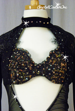 Black Connected 2Pc Bra-Top and Trunk/Embroidered Sheer Skirt - Swarovski Rhinestones