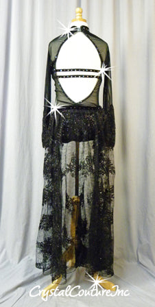 Black Connected 2Pc Bra-Top and Trunk/Embroidered Sheer Skirt - Swarovski Rhinestones