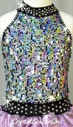 Metallic Purple/Silver/Black Sequined Dress/Leotard with Ruffled Skirt - Swarovski Rhinestones