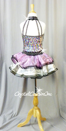 Metallic Purple/Silver/Black Sequined Dress/Leotard with Ruffled Skirt - Swarovski Rhinestones