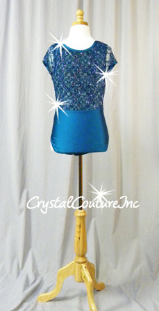 Teal Short-Sleeved Lycra Leotard with Floral Lace and Swarovski Rhinestones