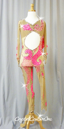 Custom Nude Sheer Mesh with Hot Pink Unitard with Cut-Outs - Swarovski Rhinestones