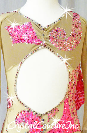 Custom Nude Sheer Mesh with Hot Pink Unitard with Cut-Outs - Swarovski Rhinestones
