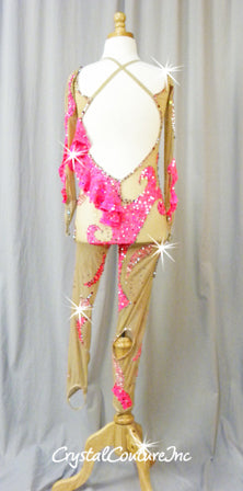 Custom Nude Sheer Mesh with Hot Pink Unitard with Cut-Outs - Swarovski Rhinestones