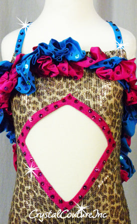 Leopard Print Biketard with Pink/Blue Ruffle Detailing - Rhinestones