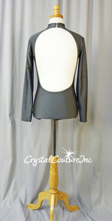 Gray Leotard with Black Sheer Mesh Insert and Open Back