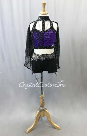 Custom Black & Purple Mock-Neck Top with Booty Shorts & Lace Wings - Swarovski Rhinestones