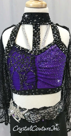 Custom Black & Purple Mock-Neck Top with Booty Shorts & Lace Wings - Swarovski Rhinestones