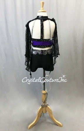 Custom Black & Purple Mock-Neck Top with Booty Shorts & Lace Wings - Swarovski Rhinestones