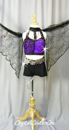 Custom Black & Purple Mock-Neck Top with Booty Shorts & Lace Wings - Swarovski Rhinestones