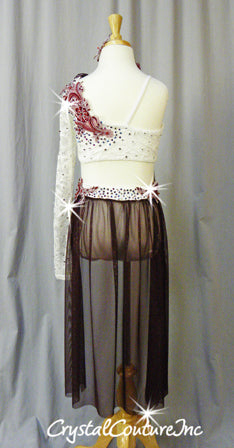 White with Burgundy Sheer Mesh Connected Crop Top and Brief/Mesh Skirt - Swarovski Rhinestones