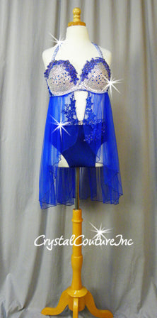 Blue 2 Piece Top with Blue Sheer Mesh Skirt and Trunks - Swarovski Rhinestones
