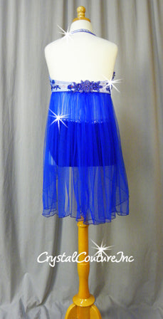 Blue 2 Piece Top with Blue Sheer Mesh Skirt and Trunks - Swarovski Rhinestones