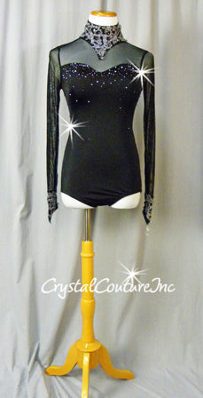 Black Long Sleeve Leotard with Silver Appliques - Swarovski Rhinestones